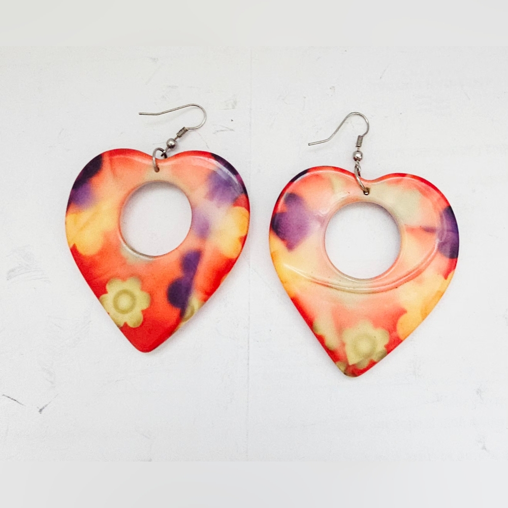 Heart-Shaped Floral psychedelic Earrings - Multicolor - Picture 4 of 7